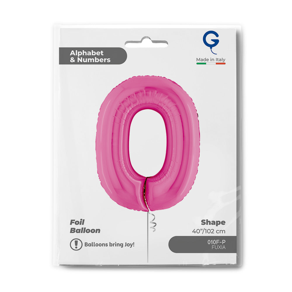 Number 0 Fuxia (Fuchsia) Pink 40" Foil Balloon Packaged — packaging