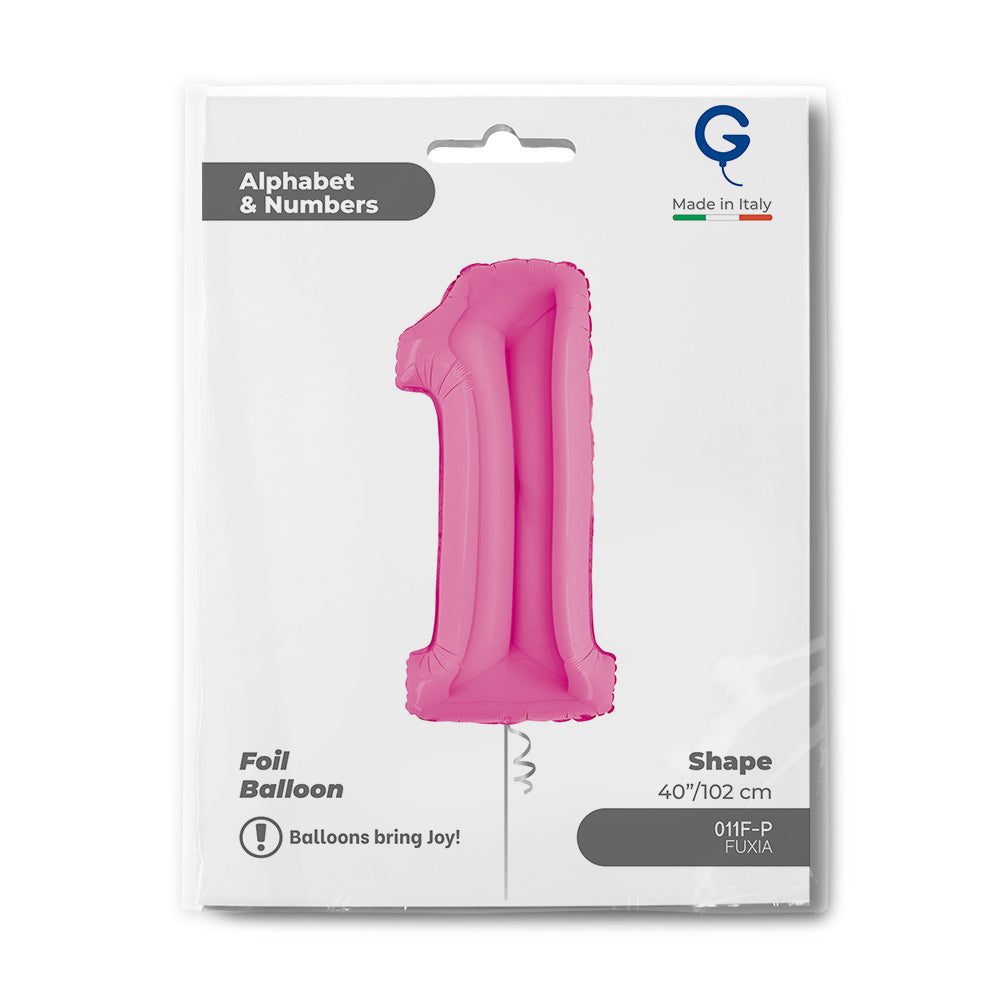 Number 1 Fuxia (Fuchsia) Pink 40" Foil Balloon Packaged — packaging