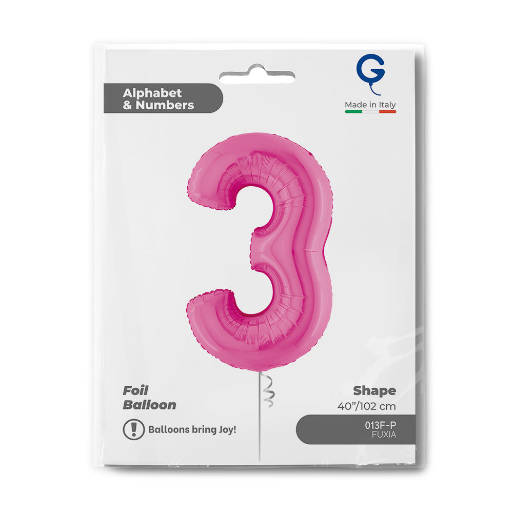 Number 3 Fuxia (Fuchsia) Pink 40" Foil Balloon Packaged — packaging