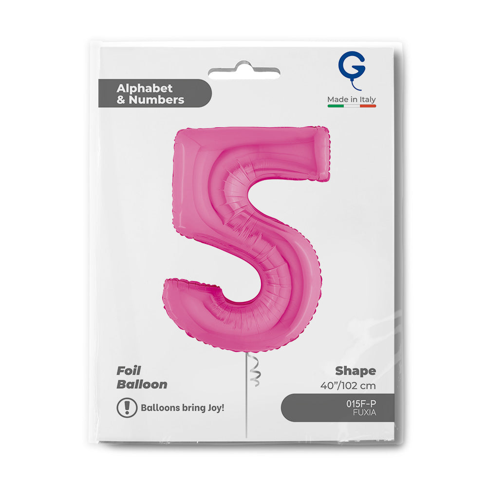 Number 5 Fuxia (Fuchsia) Pink 40" Foil Balloon Packaged — packaging