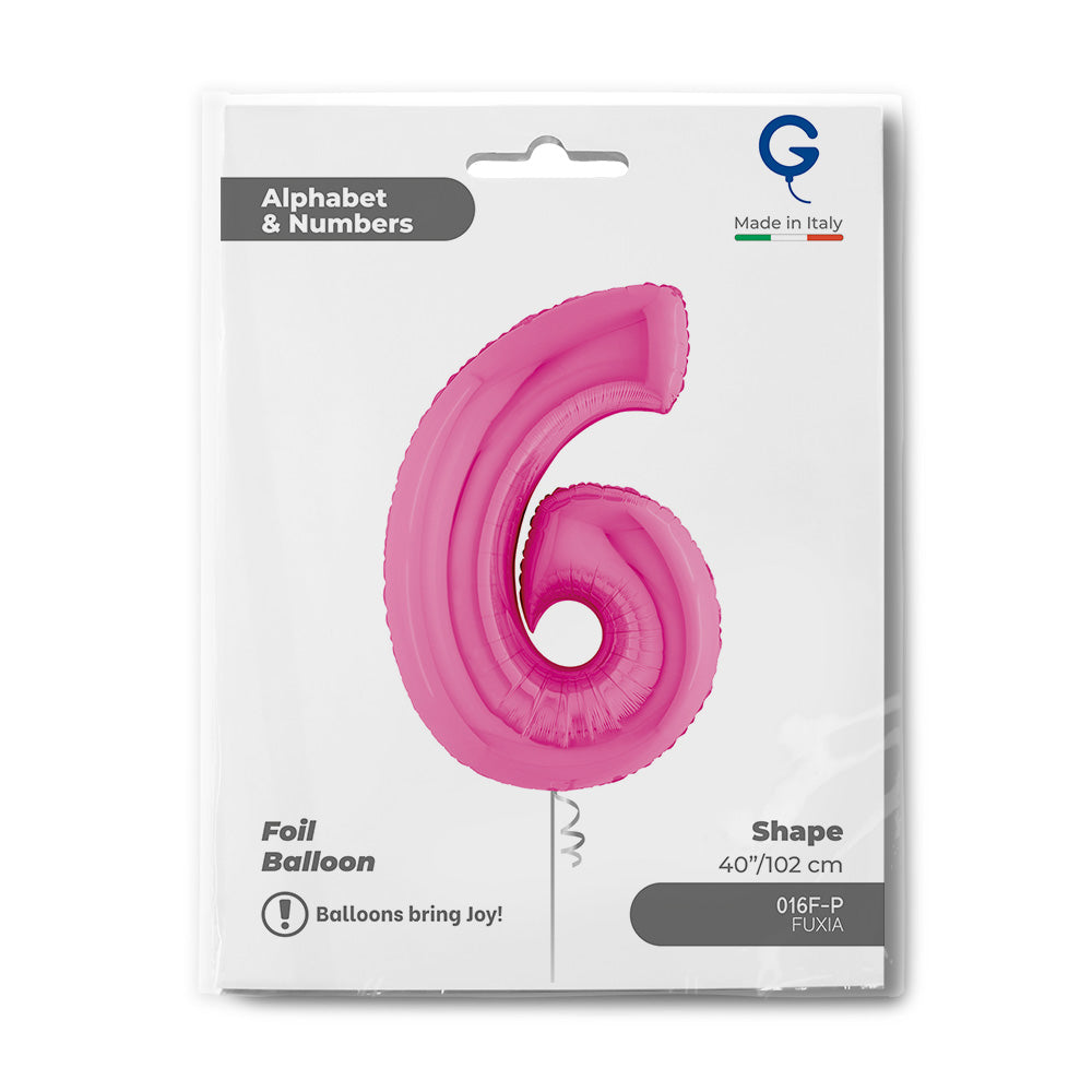 Number 6 Fuxia (Fuchsia) Pink 40" Foil Balloon Packaged — packaging