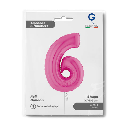Number 6 Fuxia (Fuchsia) Pink 40" Foil Balloon Packaged — packaging