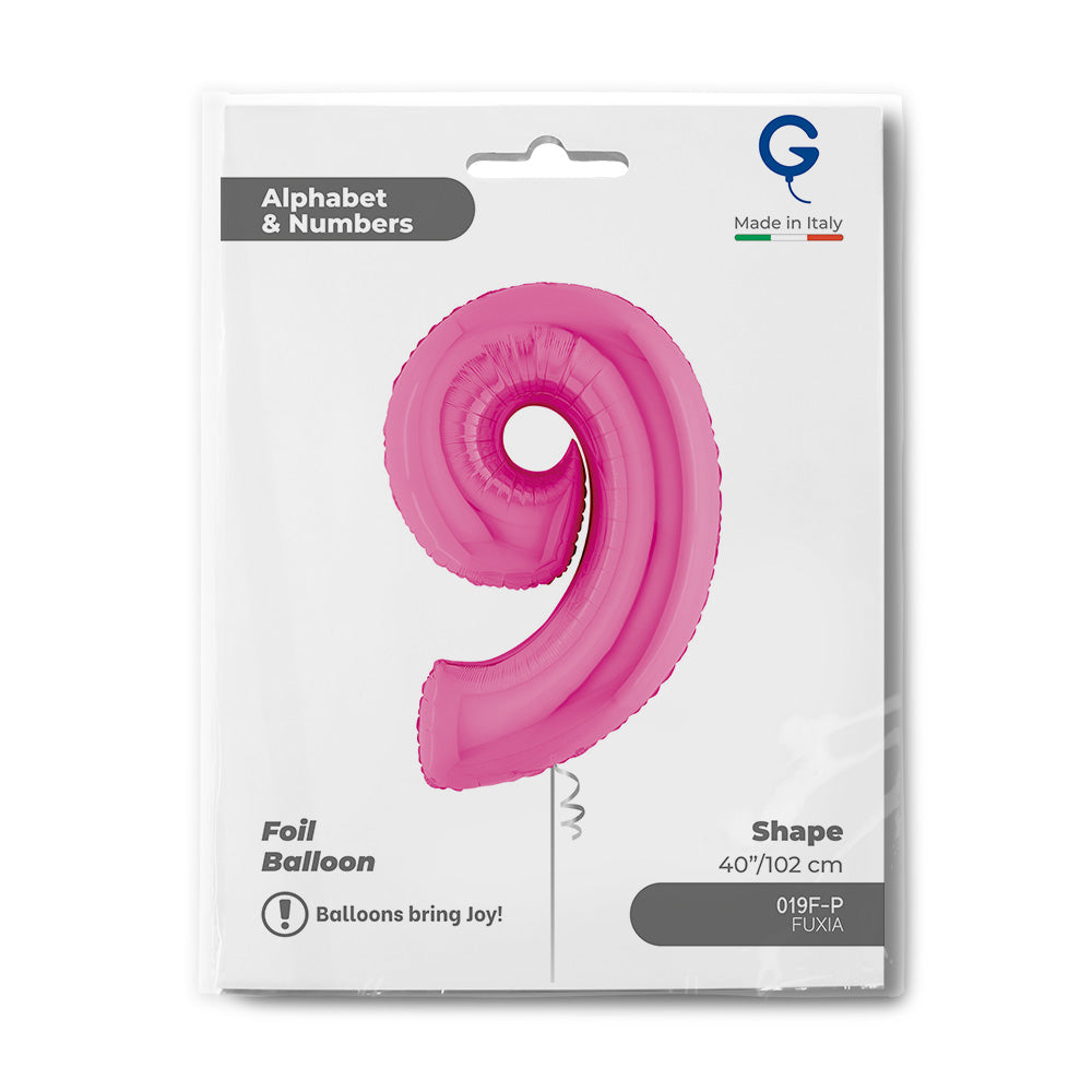 Number 9 Fuxia (Fuchsia) Pink 40" Foil Balloon Packaged — packaging
