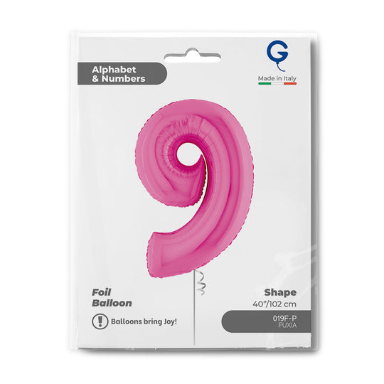 Number 9 Fuxia (Fuchsia) Pink 40" Foil Balloon Packaged — packaging