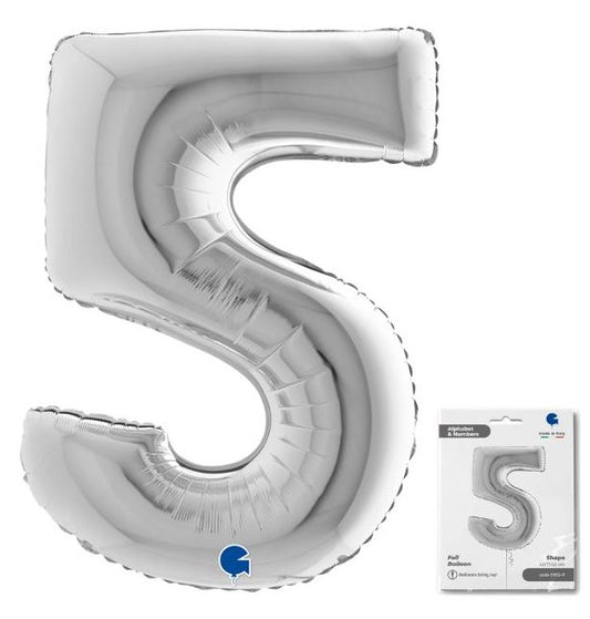 Number 5 Silver 40" Foil Balloon Packaged