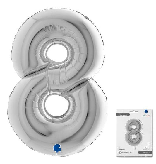 Number 8 Silver 40" Foil Balloon Packaged