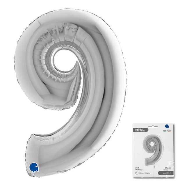 Number 9 Silver 40" Foil Balloon Packaged