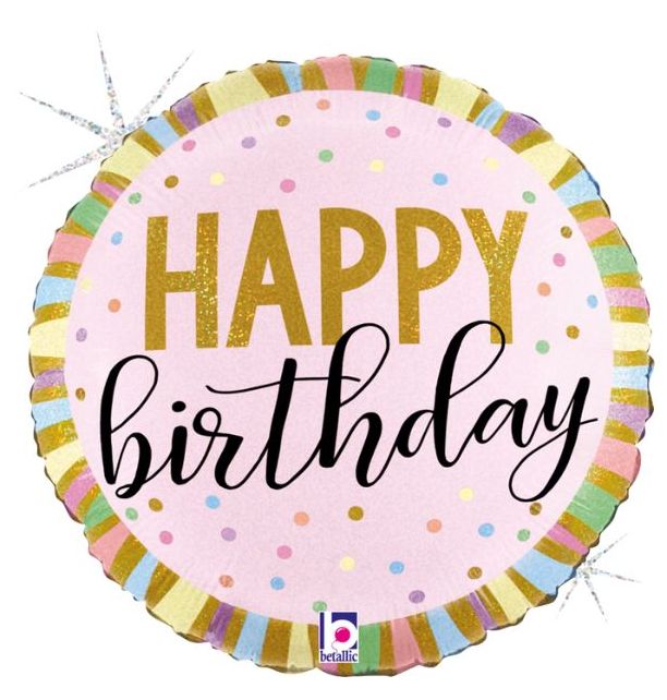 18" Pastel Birthday Stripes Foil Balloon Packaged