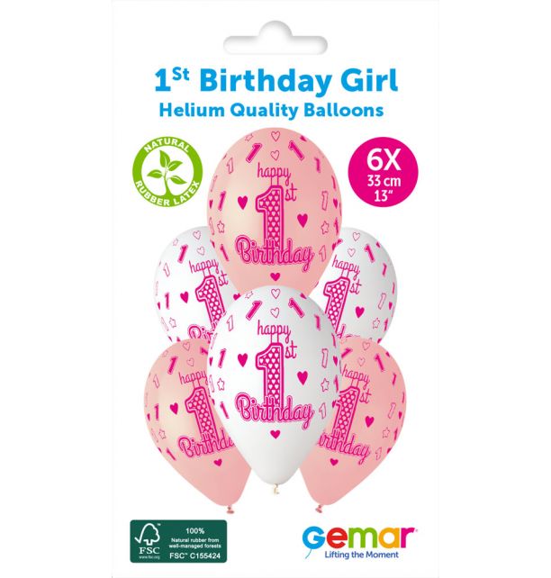 Gemar 13" 1St Birthday Girl #471 GS120 6pcs Round Balloon