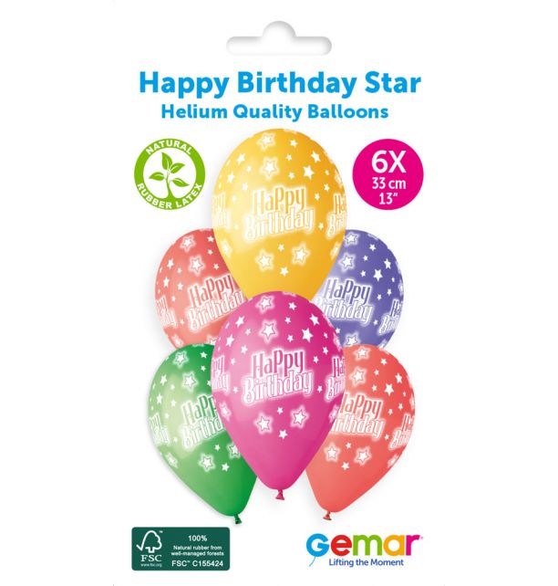 Gemar 13" Happy Birthday Star #11713" GS120 6pcs Round Balloon