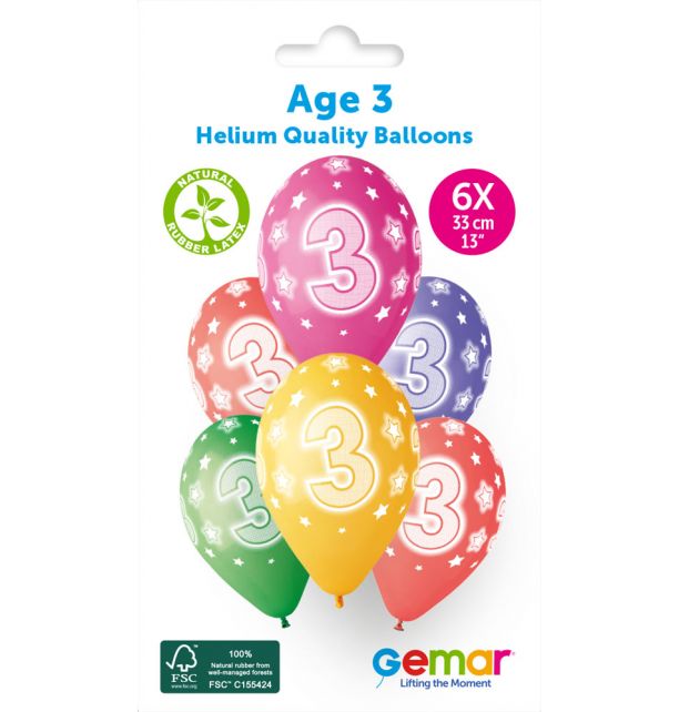 Gemar 13" Cosmic Stars Age 3 #848 GS120 6pcs Round Balloon