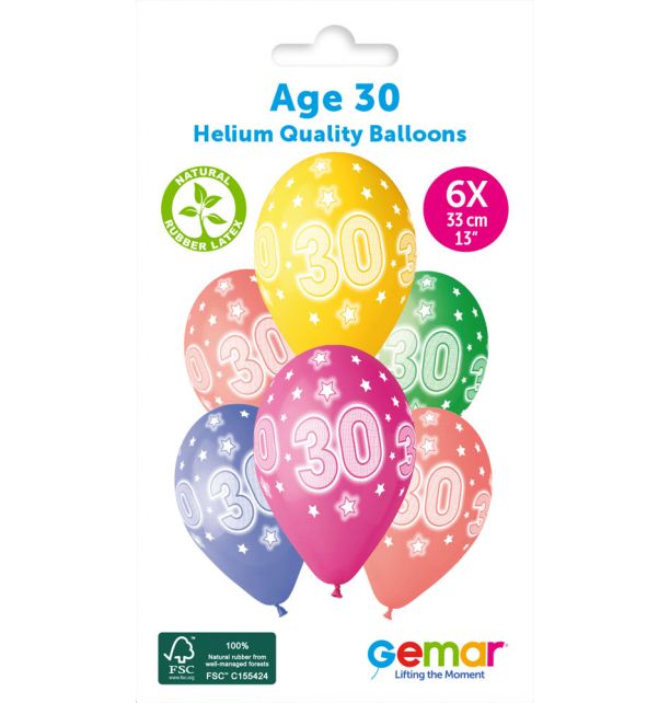 Gemar 13" Cosmic Stars Age 30 #869 GS120 6pcs Round Balloon