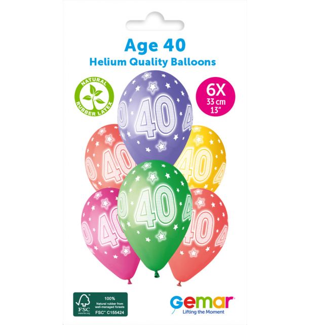 Gemar 13" Cosmic Stars Age 40 #872 GS120 6pcs Round Balloon