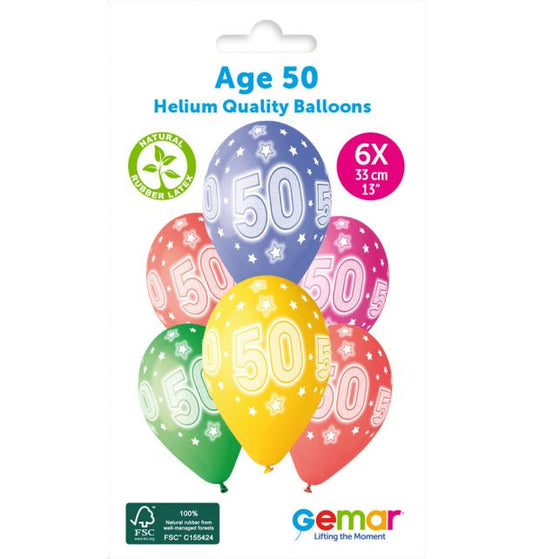 Gemar 13" Cosmic Stars Age 50 #873 GS120 6pcs Round Balloon