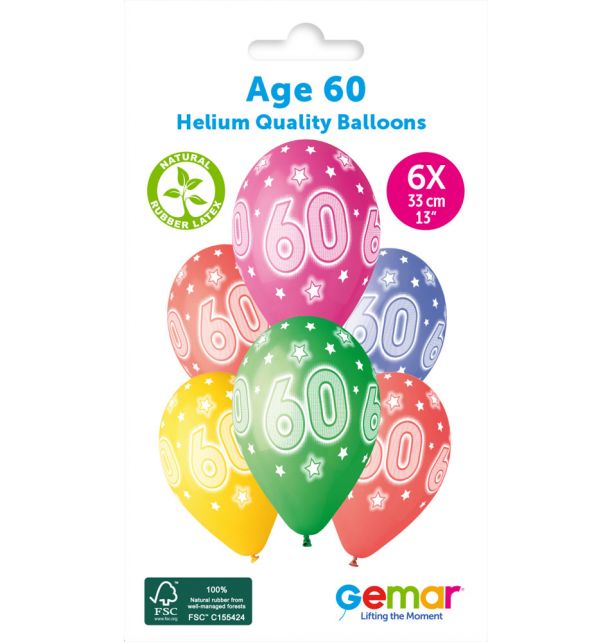 Gemar 13" Cosmic Stars Age 60 #931 GS120 6pcs Round Balloon