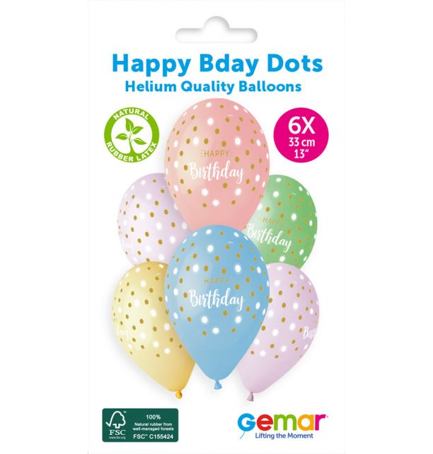 Gemar 13" Happy Birth. Golden Dots #1041 GS120 6pcs Round Balloon