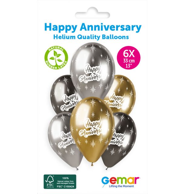 Gemar 13" Shiny Happy Anniv #4613" GBS120 6pcs Round Balloon