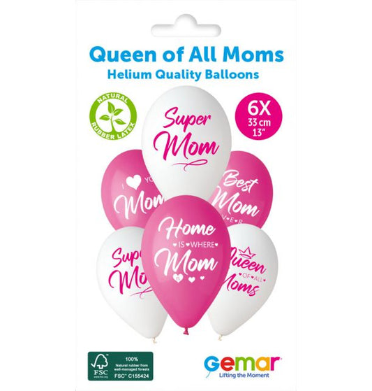 Gemar 13" Queen Of All Moms #1239-1240-1241-1242-1243 GS120 6pcs Round Balloon