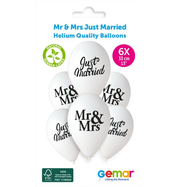 Gemar 13" Mr & Mrs Just Married Pastel #758-759 GS120 6pcs Round Balloon