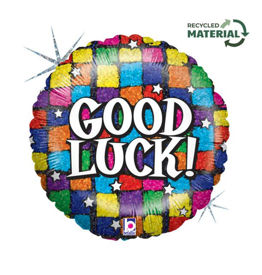 18" Good Luck Squares Foil Balloon Packaged