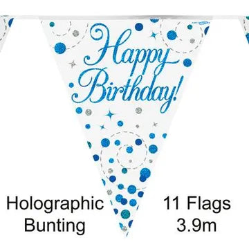 Oaktree Party Bunting Sparkling Fizz Birthday Blue Holographic 11 flags 3.9m