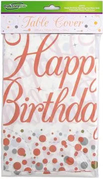 Oaktree Happy Birthday Sparkling Fizz Rose Gold Colourfast Plastic Table Cover 137cm x 2.6m 1pc