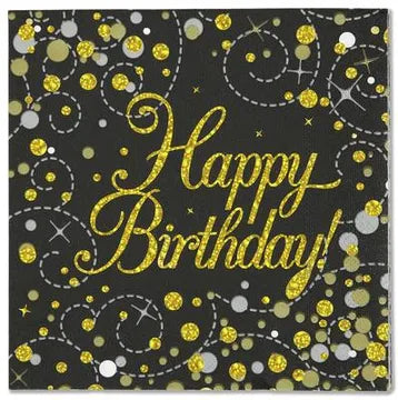 Oaktree Happy Birthday Sparkling Fizz Black & Gold 33cm x 33cm 3-ply Napkins 16pcs