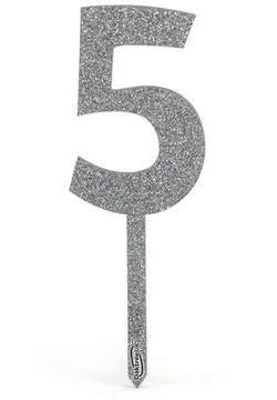 Oaktree Acrylic Silver Glitter Cake Topper No.5 H150mm x W50mm