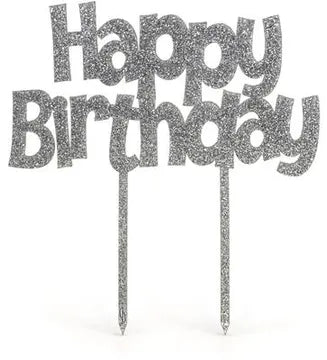 Oaktree Acrylic Silver Glitter Cake Topper Happy Birthday H147mm x W160mm