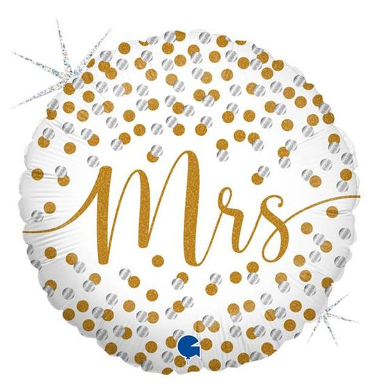 18" Mrs Confetti Foil Balloon Packaged