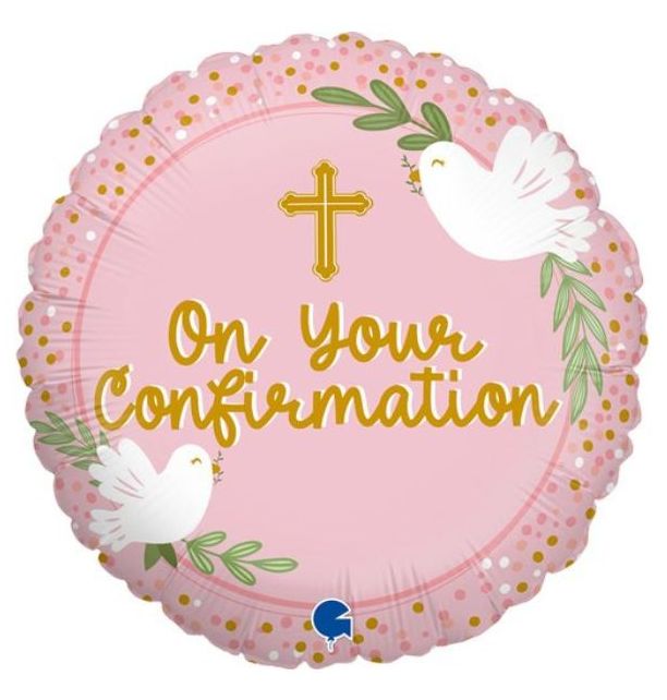 18" On Your Confirmation Pink Foil Balloon Packaged