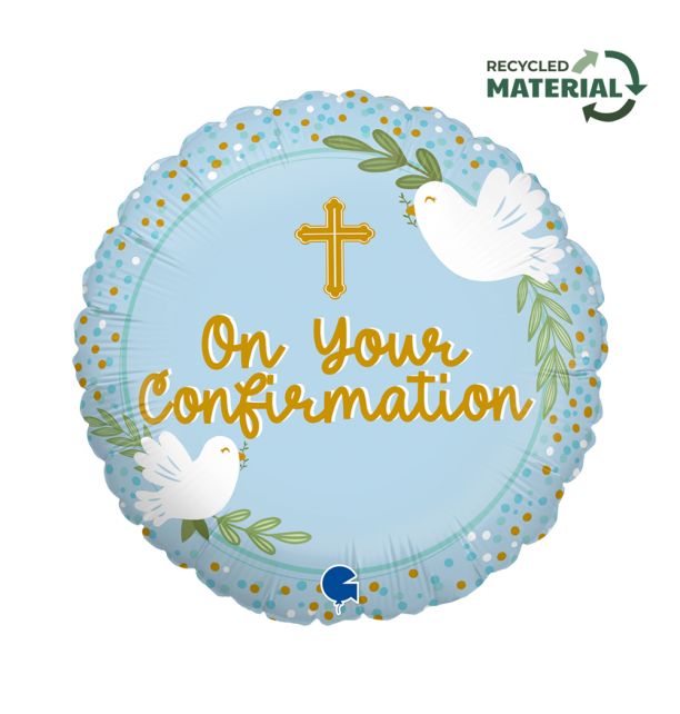 18" On Your Confirmation Blue Foil Balloon Packaged