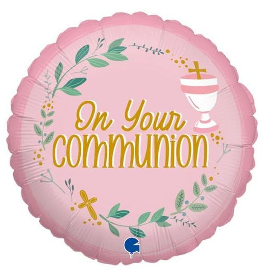 18" On Your Communion Pink Foil Balloon Packaged