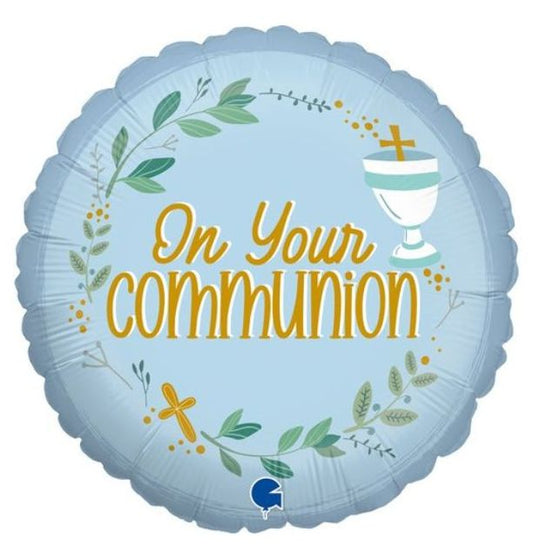 18" On Your Communion Blue Foil Balloon Packaged