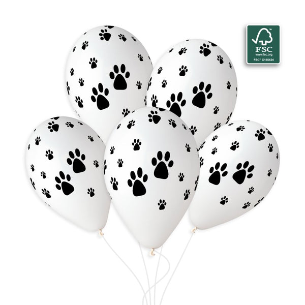 Gemar 5" Big Dog Paw print white latex balloons with black print, inflated