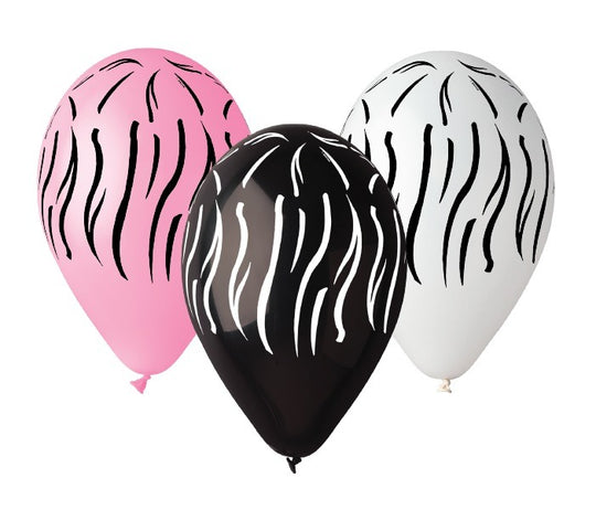 Gemar 13" Zebra print latex balloons in black, white and pink, inflated