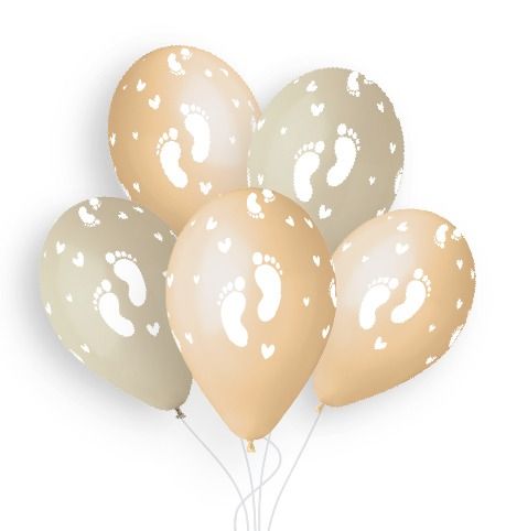 Gemar 13" Baby Natural blush and latte latex balloons with white baby foot print, inflated
