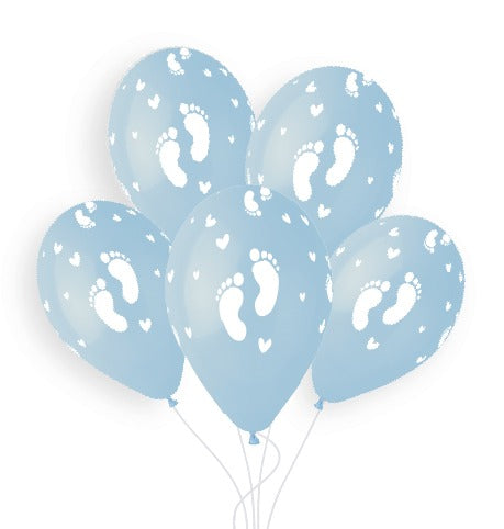 Gemar 13" Baby Boy powder blue latex balloons with white baby foot print, inflated