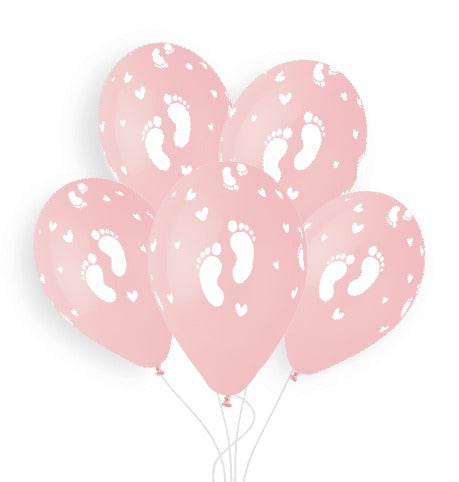Gemar 13" Baby Girl powder pink latex balloons with white baby foot print, inflated