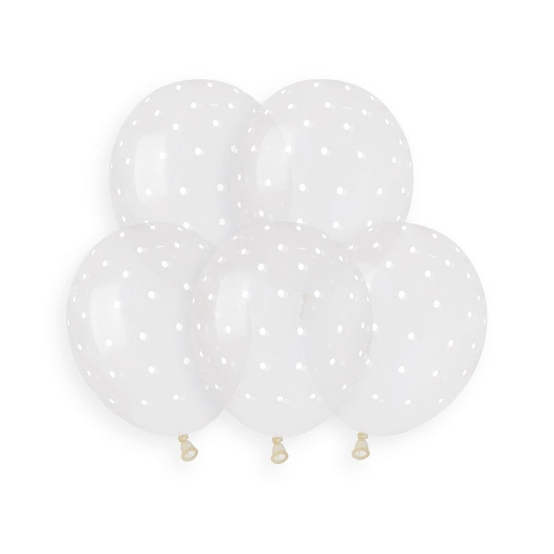 Gemar 5" Chic Dots crystal clear latex balloons with white dots, inflated