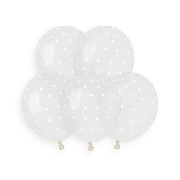 Gemar 5" Chic Dots crystal clear latex balloons with white dots, inflated