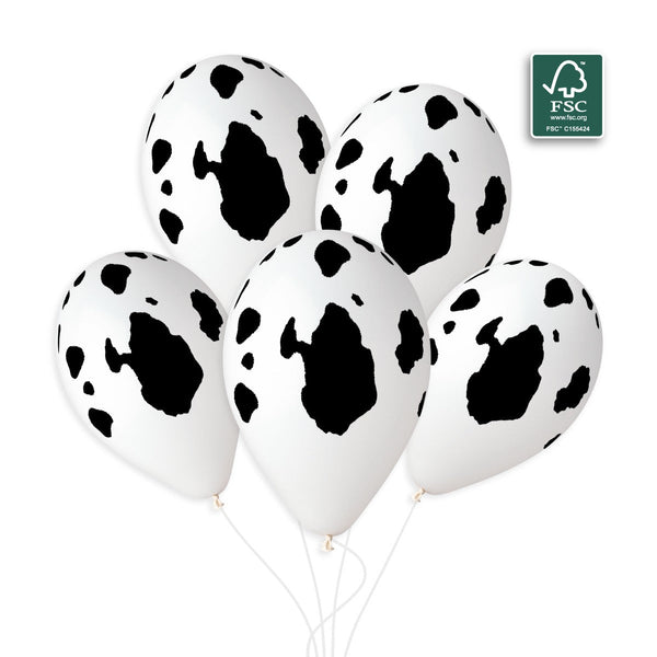 Gemar 5" Cow Print white latex balloons with black print, inflated