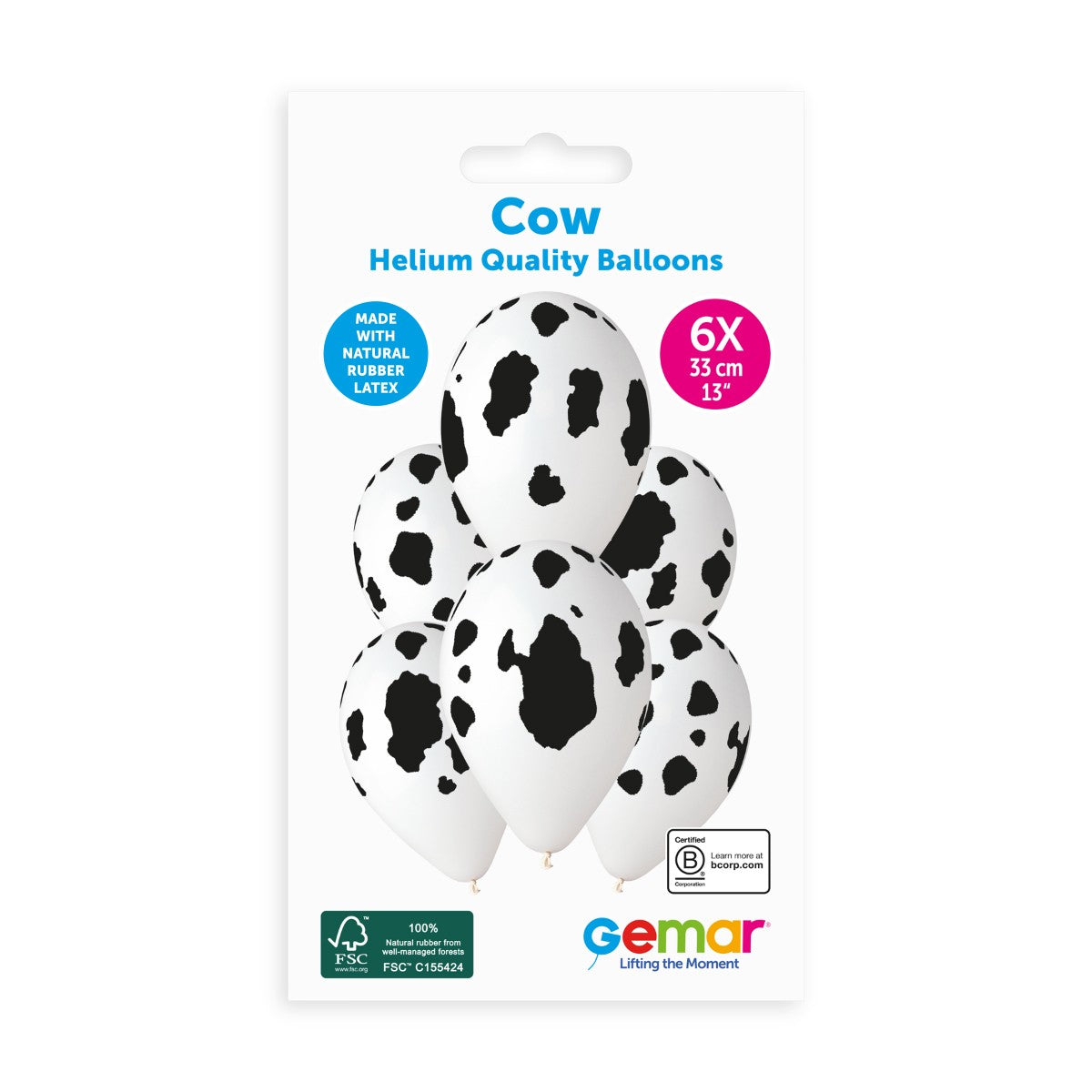 Gemar 13" Cow Print latex balloons, 6pcs hang pack