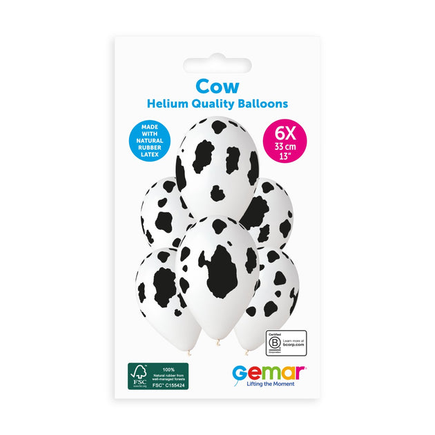 Gemar 13" Cow Print latex balloons, 6pcs hang pack
