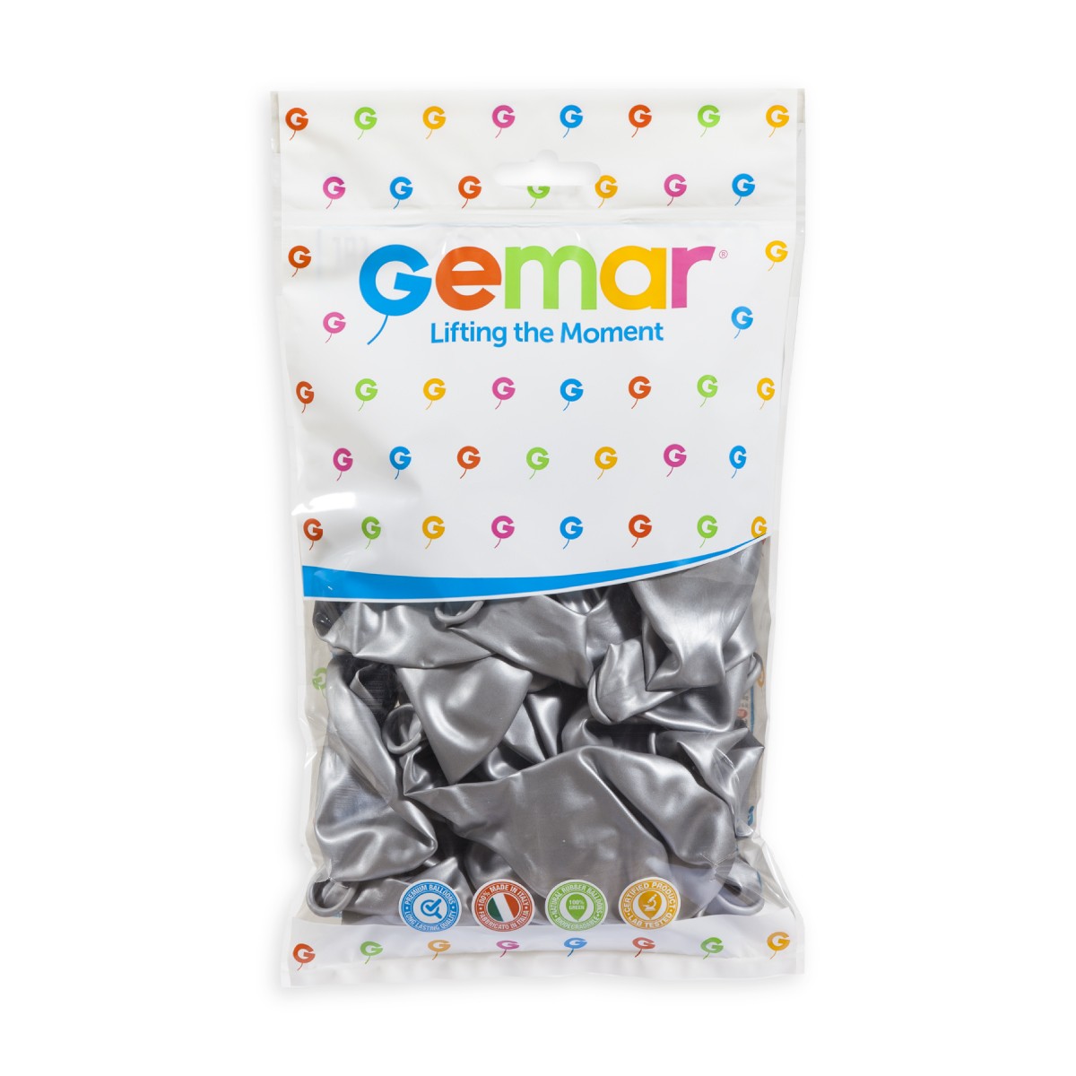 Gemar 13" Metallic Silver #038 GM120 50pcs Round Balloon — Italian store pack original 1200px