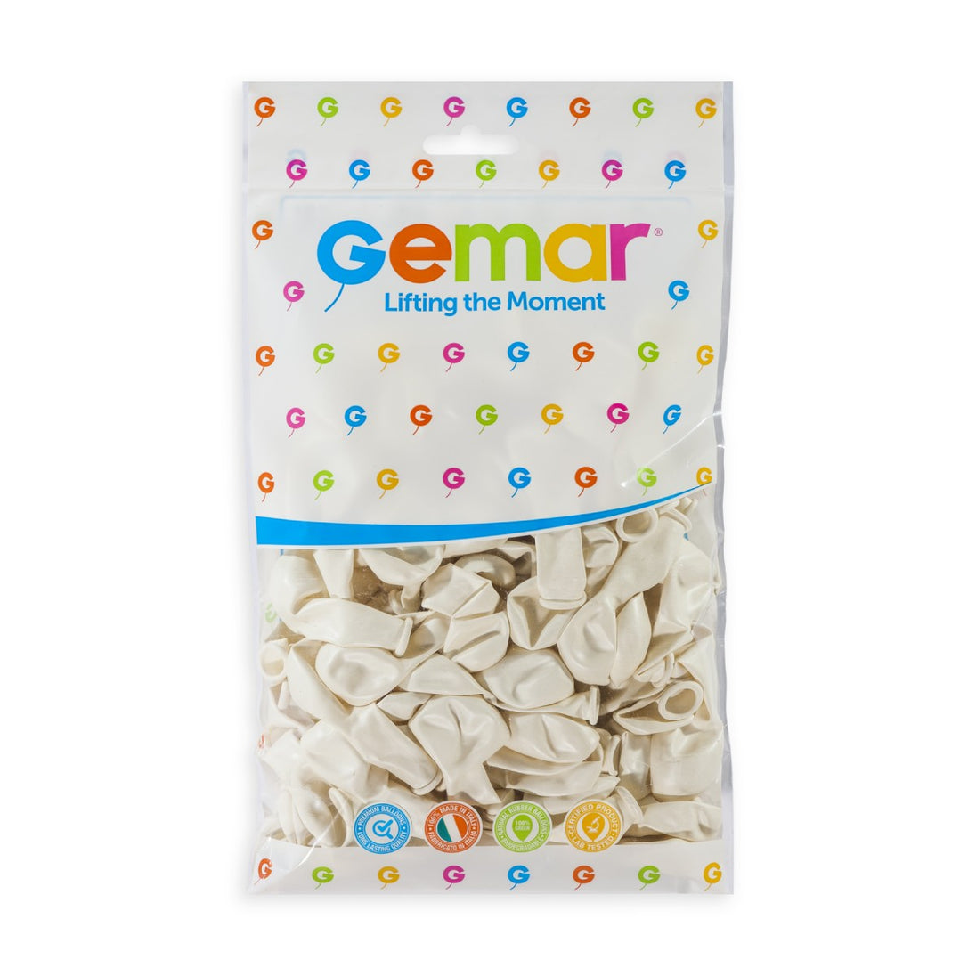 Gemar 5" Metallic White #029 AM50 50pcs Round Balloon — Italian store hang-pack original 1200px