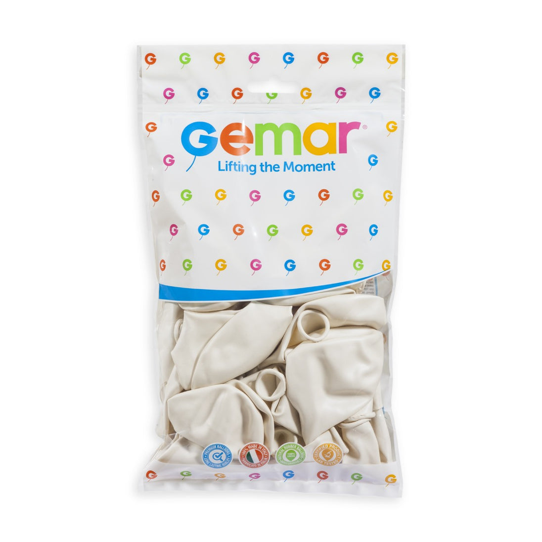 Gemar 13" Metallic White #029 GM120 50pcs Round Balloon — Italian store hang-pack original 1200px