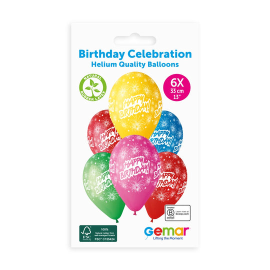 Gemar 13" Happy Birthday Celebration #041 GS120 6pcs Round Balloon — Italian store pack original 1200px