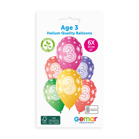 Gemar 13" Cosmic Stars Age 3 #848 GS120 6pcs Round Balloon — Italian store pack original 1200px