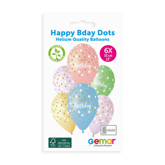 Gemar 13" Happy Birth. Golden Dots #1041 GS120 6pcs Round Balloon — Italian store pack original 1200px